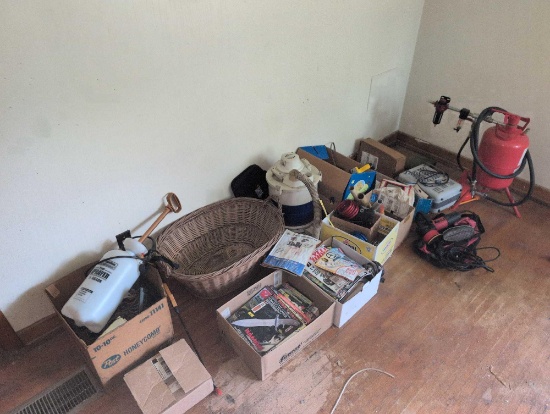 Sand blaster, assorted automobile magazines, heater