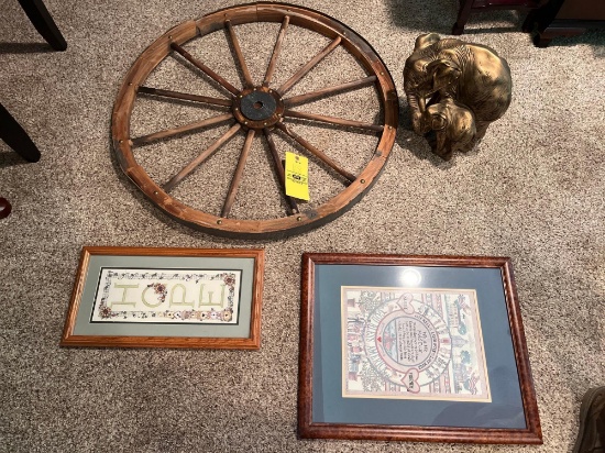 (2) Prints / Wood Wheel / Elephant Sculpture
