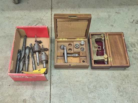 Assortment of Drill Bits, Chucks, & Clockmakers Brass Depthing Tool