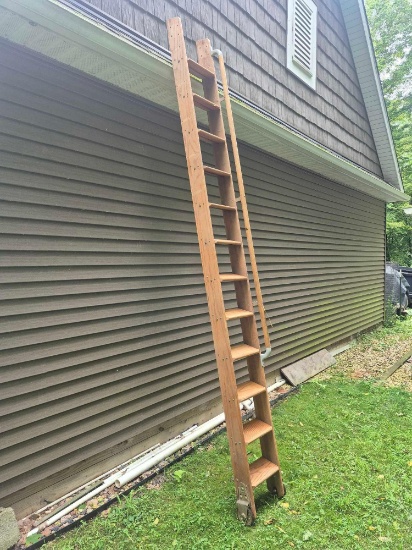 Vintage Oak Library Ladder w/ Roller Base
