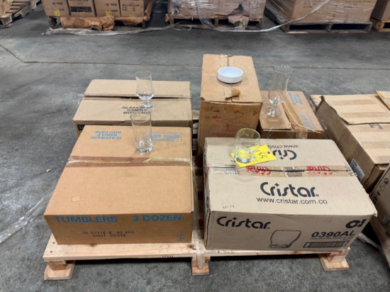 5 Boxes of different glasses and dog bowls