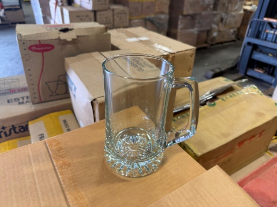 Pallet of Glass steins, Red mugs, white mugs, wine glasses
