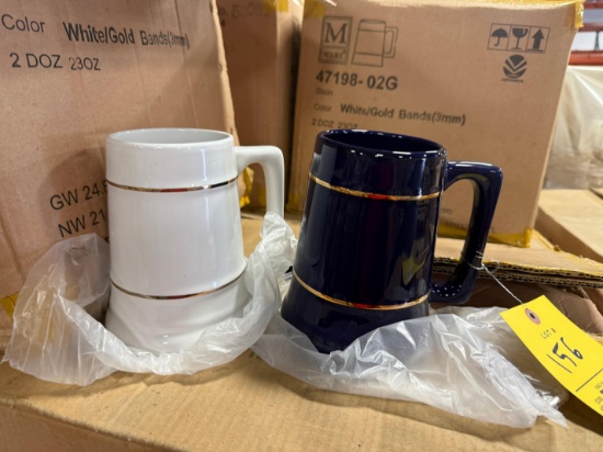 Pallet of white/platinum bands and Blue/gold bands steins - Approximately 528 Steins
