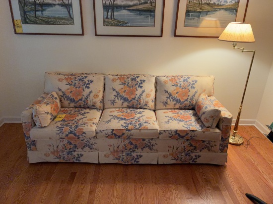 Skirted Three Cushion Sofa and Lamp