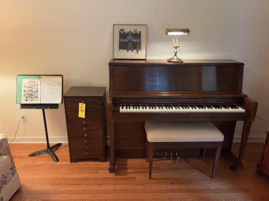 Wurlitzer Upright Piano and Seat - Sheet Music Storage Cabinet - Sheet Music Stand