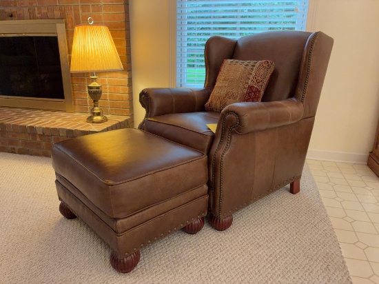 Brown Leather Armchair and Ottoman