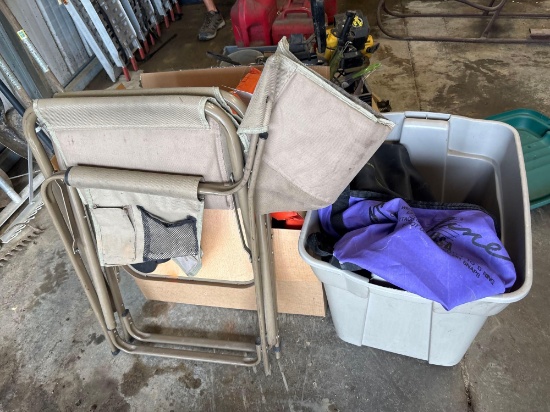 camp chair, life jackets, raft
