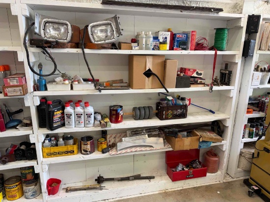 Contents on Shelf, Headlights, Wire, Oils, Saws, Hardware