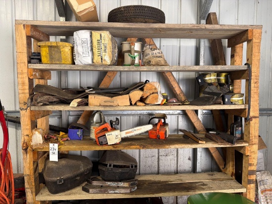 Contents on Shelf, Chainsaws, Oil, Tire, Briquets