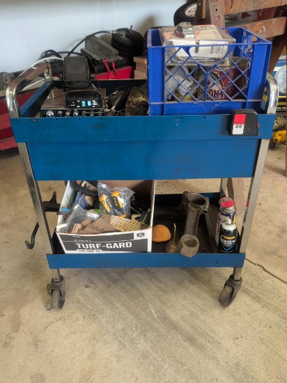 Rolling Metal Shop Cart and Contents: CB , oiler, hand tools and more