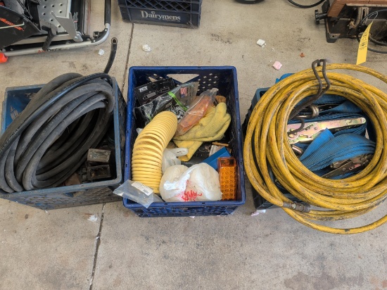 (3) Milk Crates : Hoses, marker lights, ratchet tie downs and more