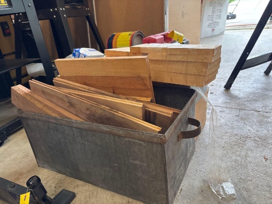 Miscellaneous lumber cut offs and metal antique bin