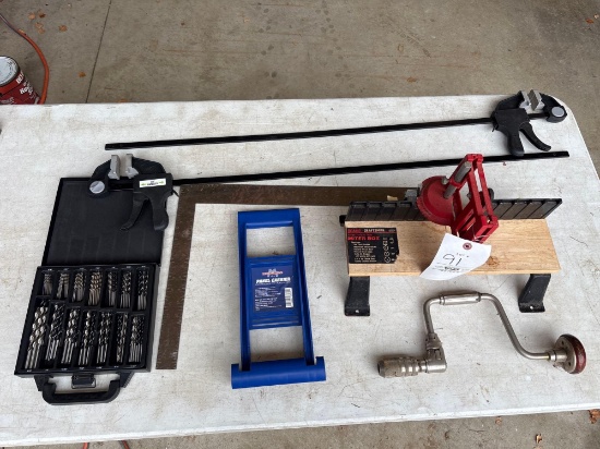 Miter box, drill bits, clamps, brace