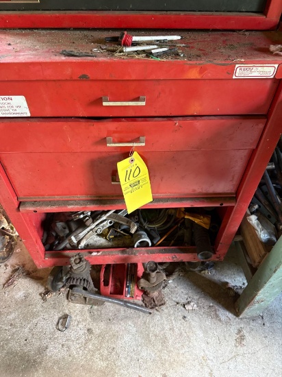 toolbox on wheels with contents, wrenches, tools, misc