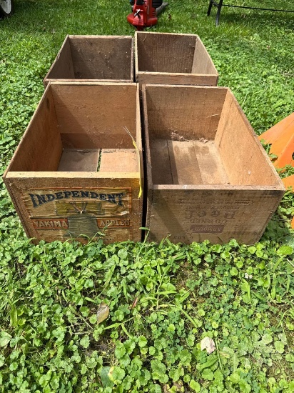 4 wood apple crates with advertising