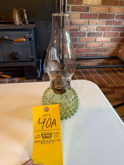 small green hobnail glass oil lamp