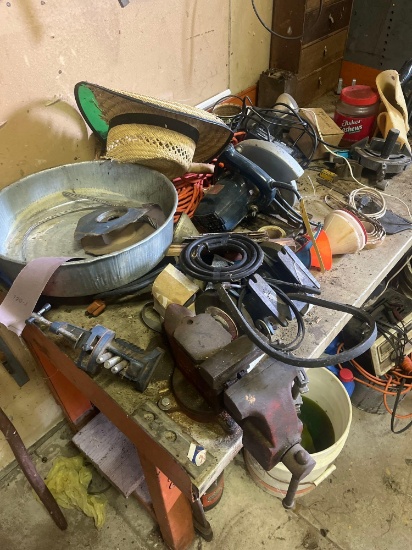 Assorted power tools, cords, funnels, contents on bench