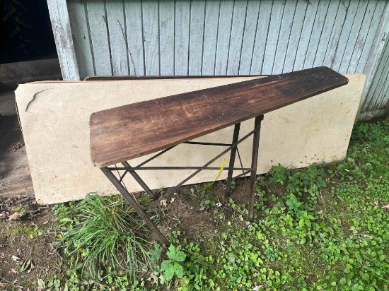Vintage ironing board and 2 metal folding tables