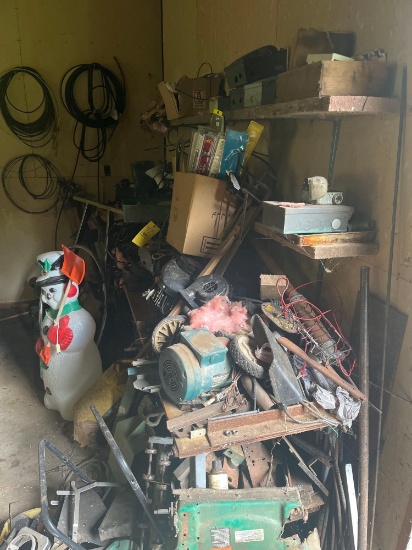 Large lot of scrap steel, cable, misc, metal work bench