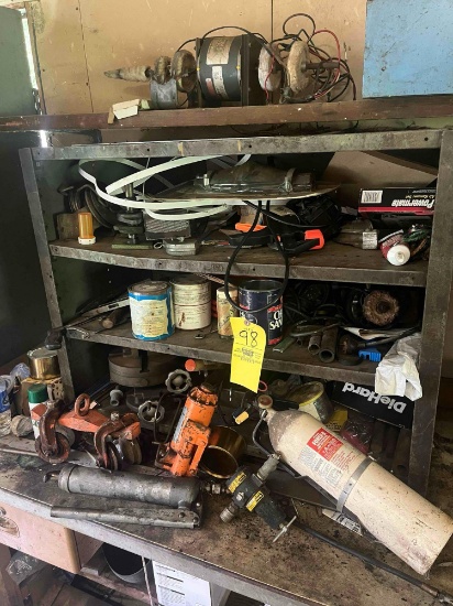 Metal shelf, jacks. grease gun, miscellaneous