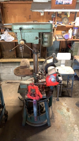 Ram Machinery drill press and double shaft grinder on stand w/ vise and bits