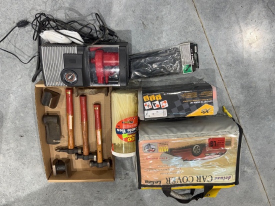 auto body tools - car cover - air compressor - ratchet tie downs - zip ties