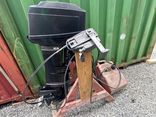 Mercury 25HP outboard engine with controls and gas tank