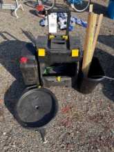 Oil pans, yard sticks, Stanley tool box