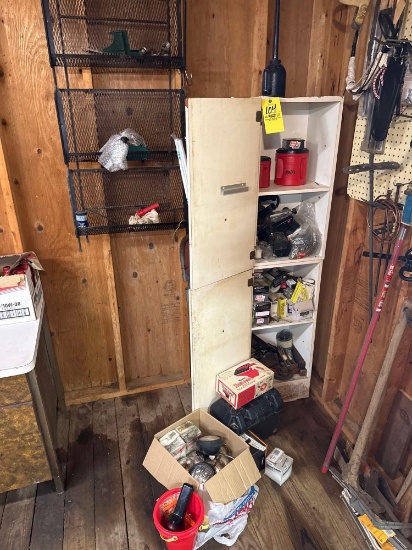 Standing Cabinet & wall Contents, Circular Saw, Drill, lights, shelving, step ladder, tapes, wires,