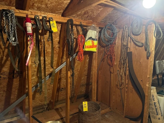 Ratchet straps, hanging inflator pump, chains. Extension Cords. Straps, Reflective Vest, Heavy