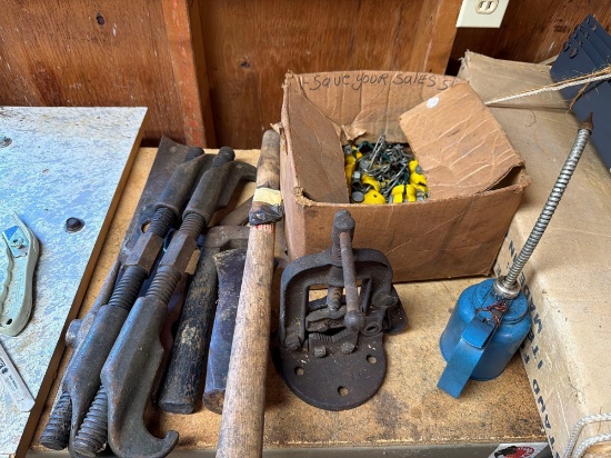 assorted hardware, pipe vise, shelf, etc