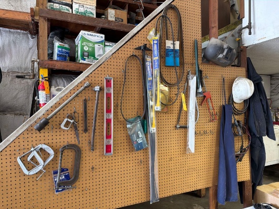 Contents on Peg Board, Clamps, Tooling, Belts, Helmets
