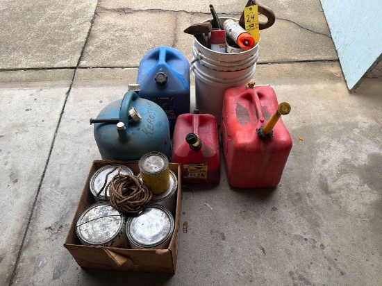 2 Buckets with Spray Paint, 2 Gas Cans, 2 Kerosine Cans, and Paint