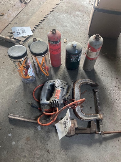 C clamp, jig saw, propane fuel