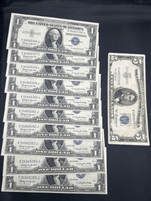 (10) 1$ Silver Cert. Sequential Order SN plus 5$ Silver Cert