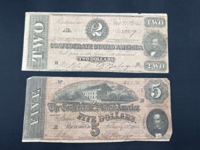 $5 and $2 Confederate States - Both Feb 17 1864