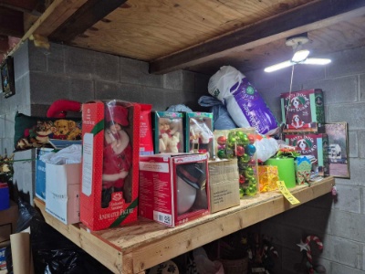 Contents Atop Wooden Shelf - Christmas Decor, Fake Snow, Ornaments, & more