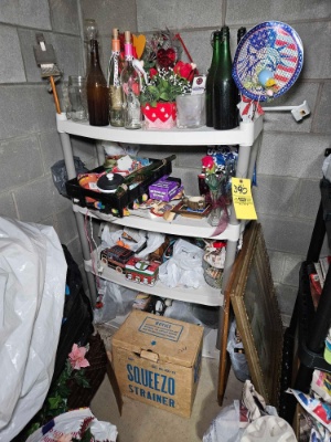 4 Ft. Plastic Shelf & Contents - Vases, Bottles, Frames, & Small Decor