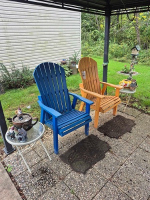 2 Composite Patio Chairs & Stands w/ Small Outdoor Decor