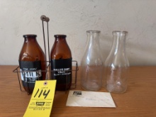 Advertising milk bottles and holder, envelope