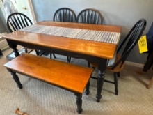 Two tone dinette table with four chairs and bench