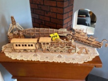 wood model steam engine, boat , zeplin, dock unloader