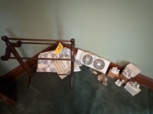 Blanket rack, window fan, home interior figurines, pig figurine, blanket, comforter, pictures
