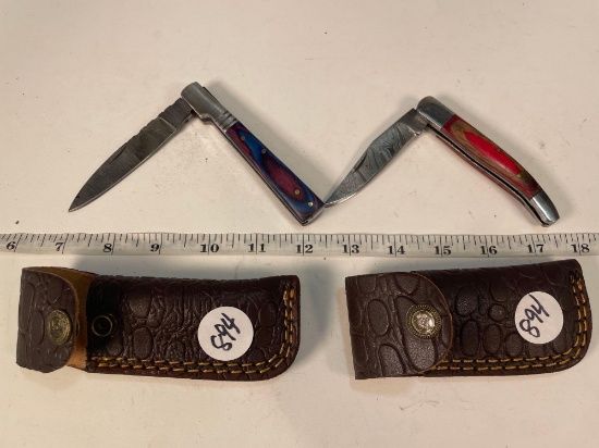 2 Damascus folding Knives w/ sheaths