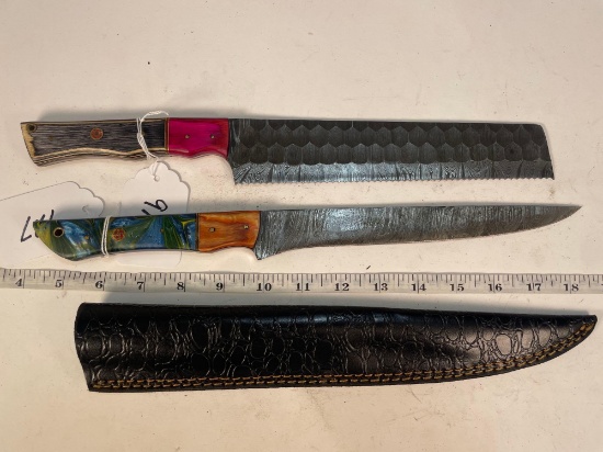 2 Damascus Knives (one w/ sheath)