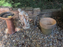 Outdoor Bird bath, sculptures, and planter