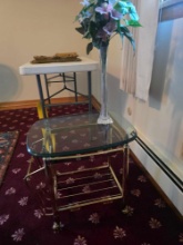 Glass Top Stand on Rollers, Swung Vase