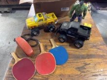 Tonka Racing Truck, Harley Davidson F-150, Hulk Figurine, Ping Pong Paddles, and Old Phone
