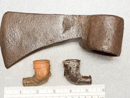 Iron Axe w/two Clay Pipes - Axe is 7 1/4 in. with