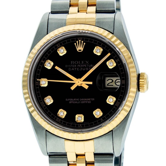 Rolex Mens 36mm Two Tone Yellow Gold Black Diamond DateJust Wristwatch
